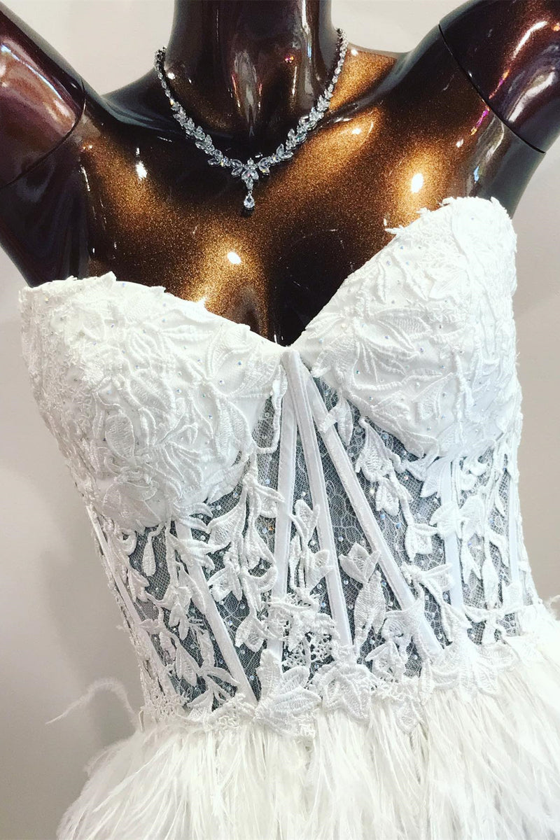 White Strapless Appliques Sheath Homecoming Dress with Feathers