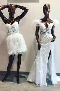 White Strapless Appliques Sheath Homecoming Dress with Feathers