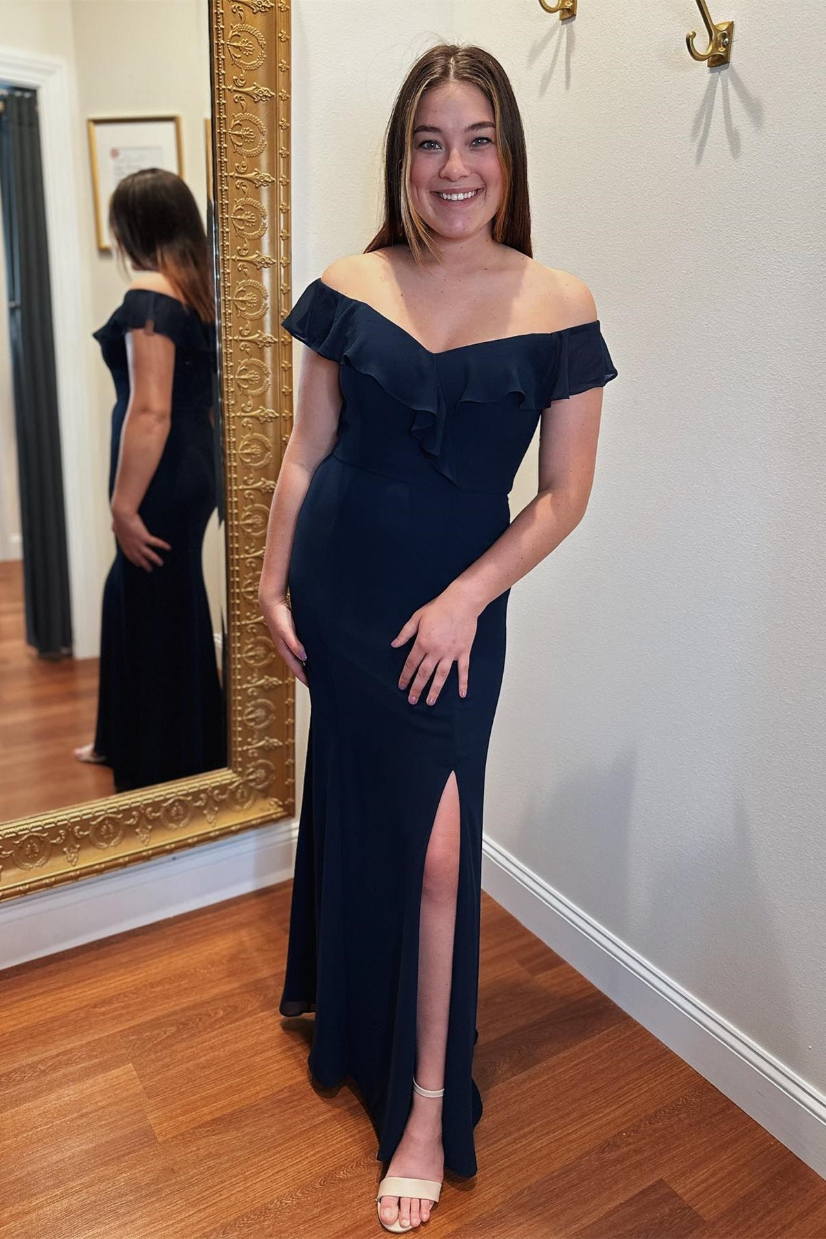 Dark Navy Off-the-Shoulder Ruffles Mermaid Long Bridesmaid Dress with Slit