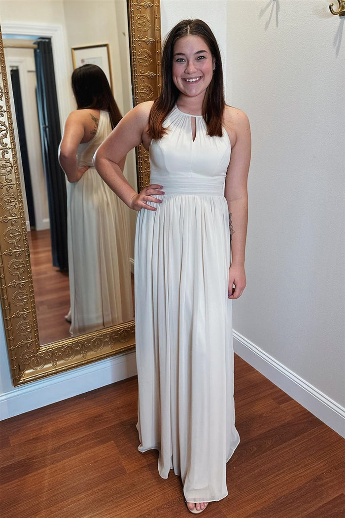 White Chiffon Halter Keyhole Long Bridesmaid Dress