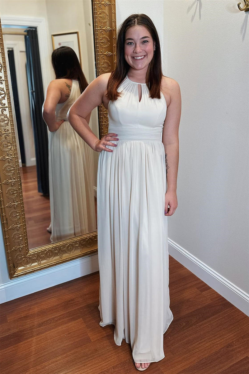 White Chiffon Halter Keyhole Long Bridesmaid Dress