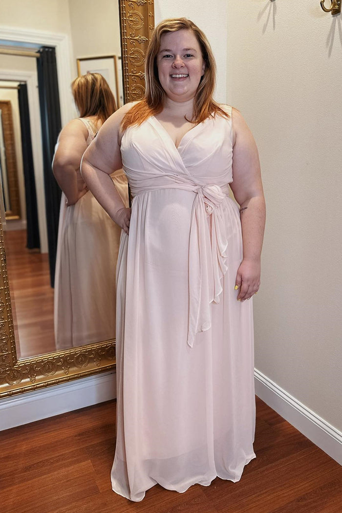 Pink Surplice Chiffon Long Bridesmaid Dress with Sash