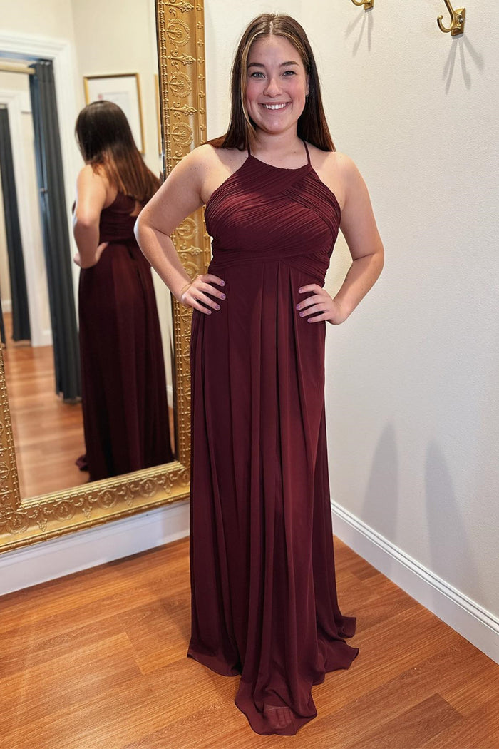 Cabernet Chiffon Halter Pleated Long Bridesmaid Dress