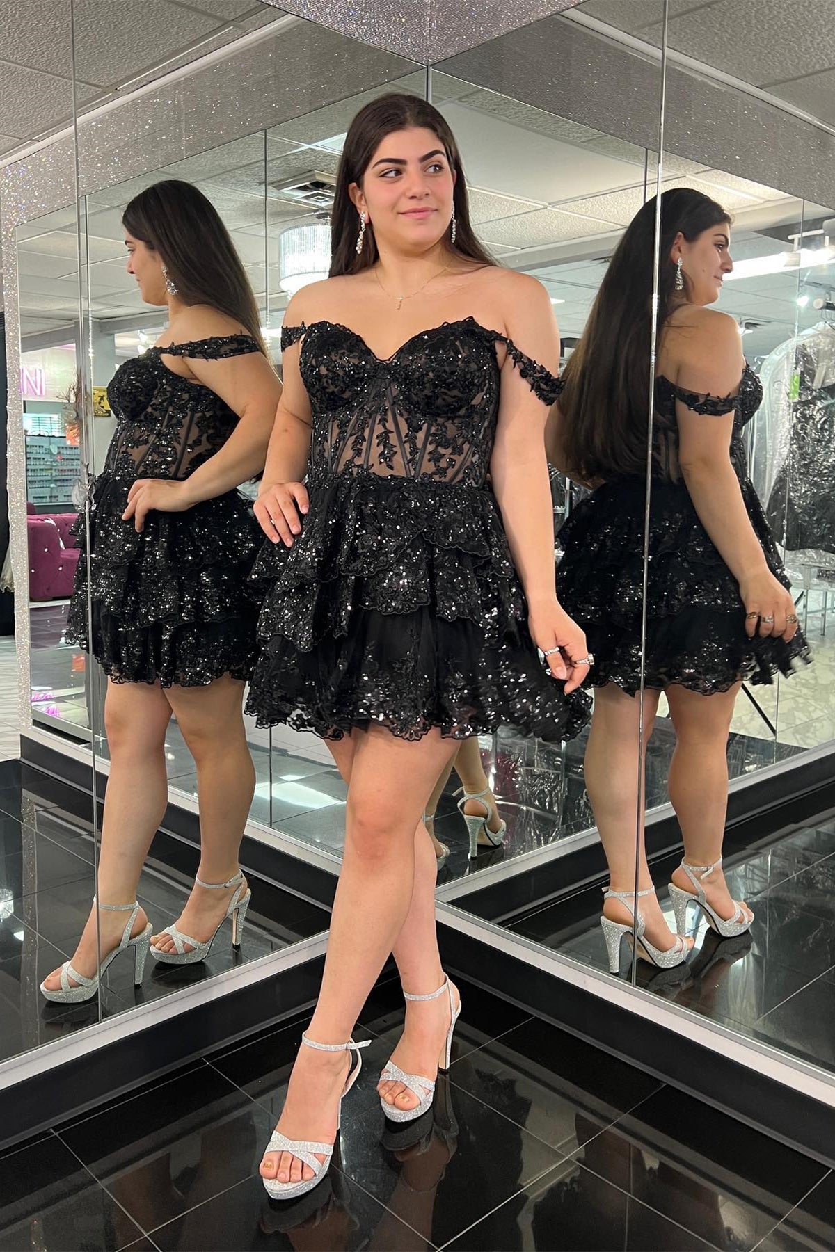 Red Off-the-Shoulder Lace Multi-Layers Appliques Sequins Homecoming Dress