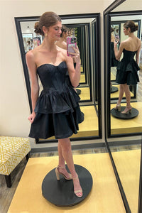 Black Strapless Satin Multi-Layers Homecoming Dress