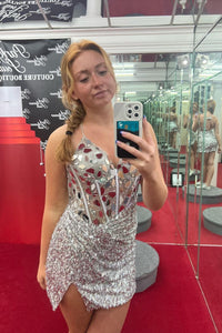 Red Mirror-Cut Sequins Halter Sheath V Neck Homecoming Dress