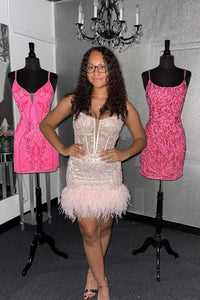 Light Blue Sequined Embroidery Sheath Strapless Homecoming Dress with Feathers