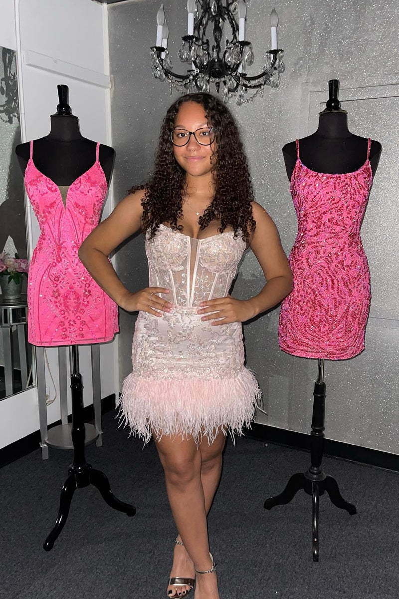 Light Blue Sequined Embroidery Sheath Strapless Homecoming Dress with Feathers