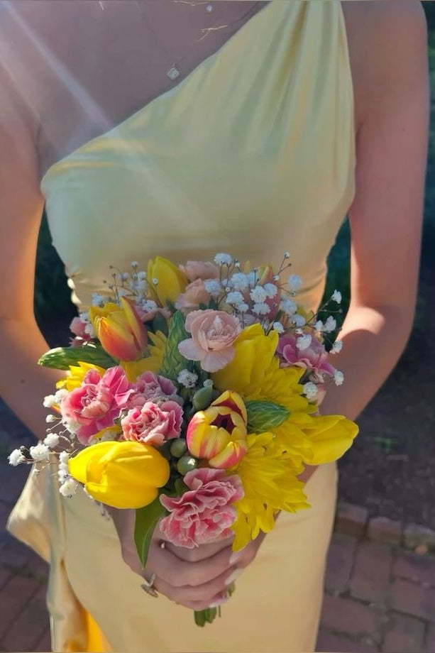 One Shoulder Pink Ruched Frill Party Dress