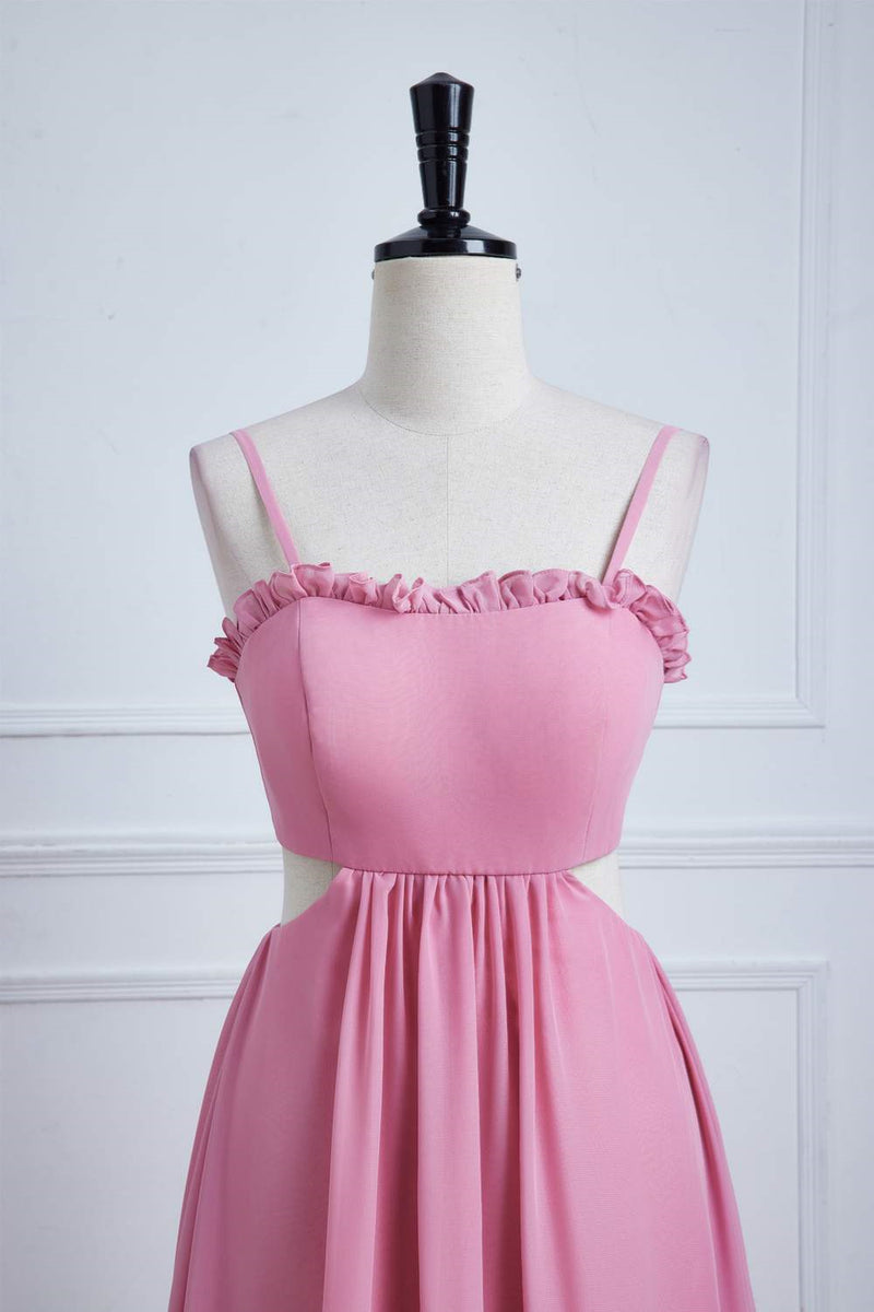 Pink Bow Tie Back Spaghetti Straps Ruffled A-line Bridesmaid Dress