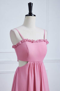 Pink Bow Tie Back Spaghetti Straps Ruffled A-line Bridesmaid Dress