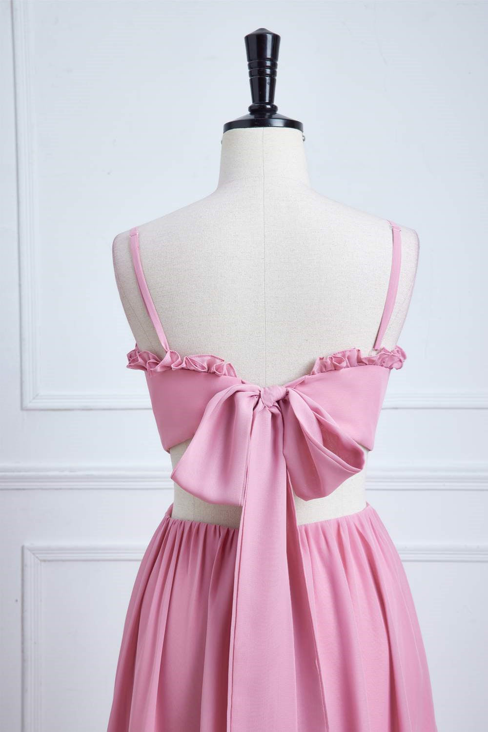 Pink Bow Tie Back Spaghetti Straps Ruffled A-line Bridesmaid Dress