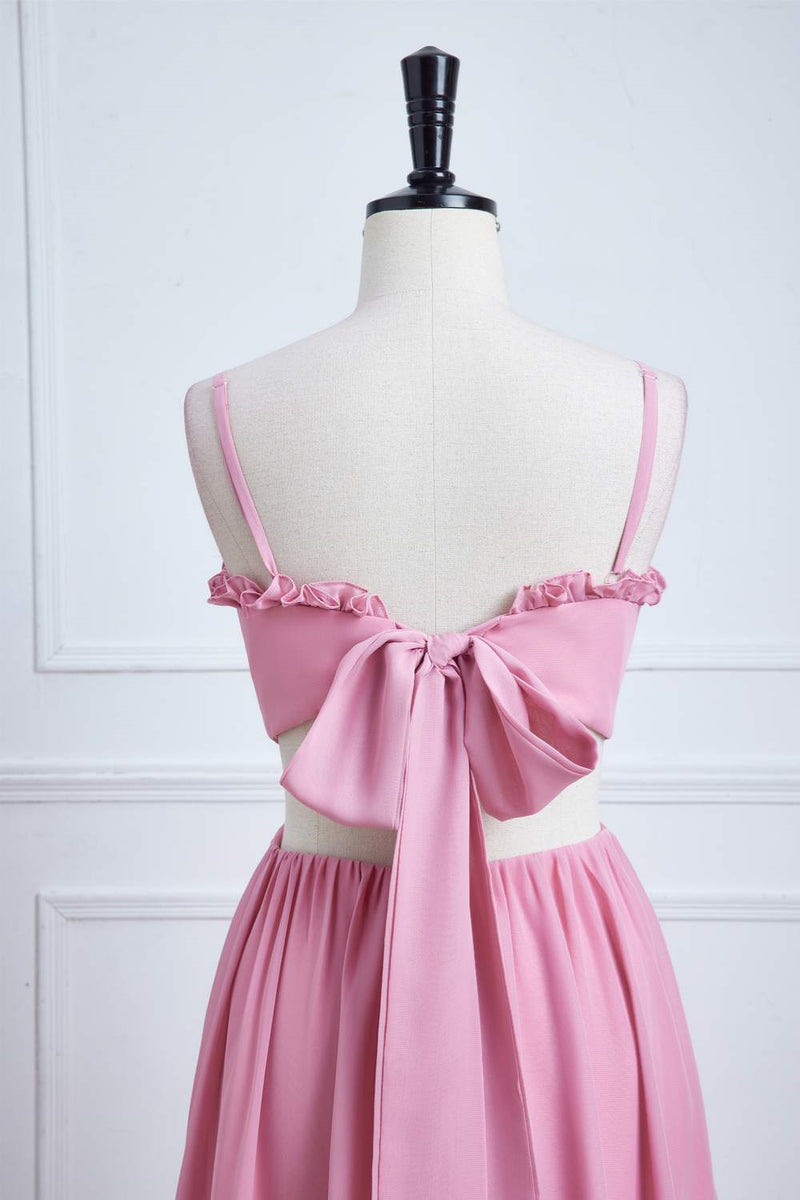 Pink Bow Tie Back Spaghetti Straps Ruffled A-line Bridesmaid Dress