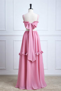 Pink Bow Tie Back Spaghetti Straps Ruffled A-line Bridesmaid Dress