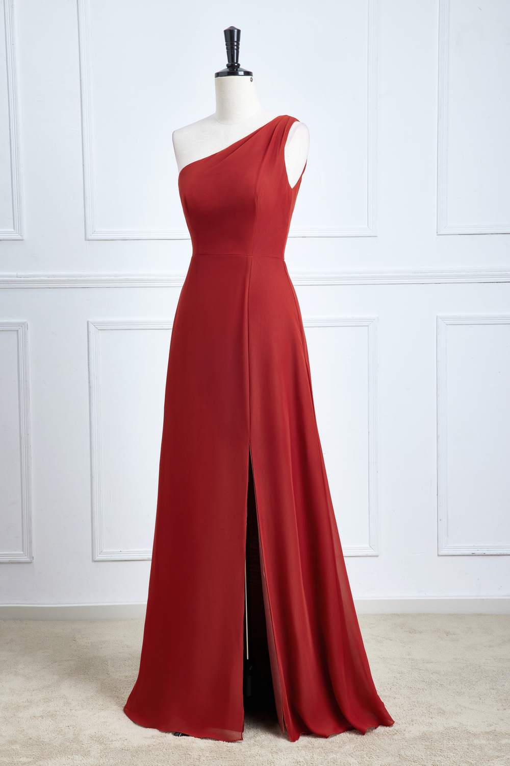 Rust One Shoulder A-line Chiffon Long Bridesmaid Dress with Slit