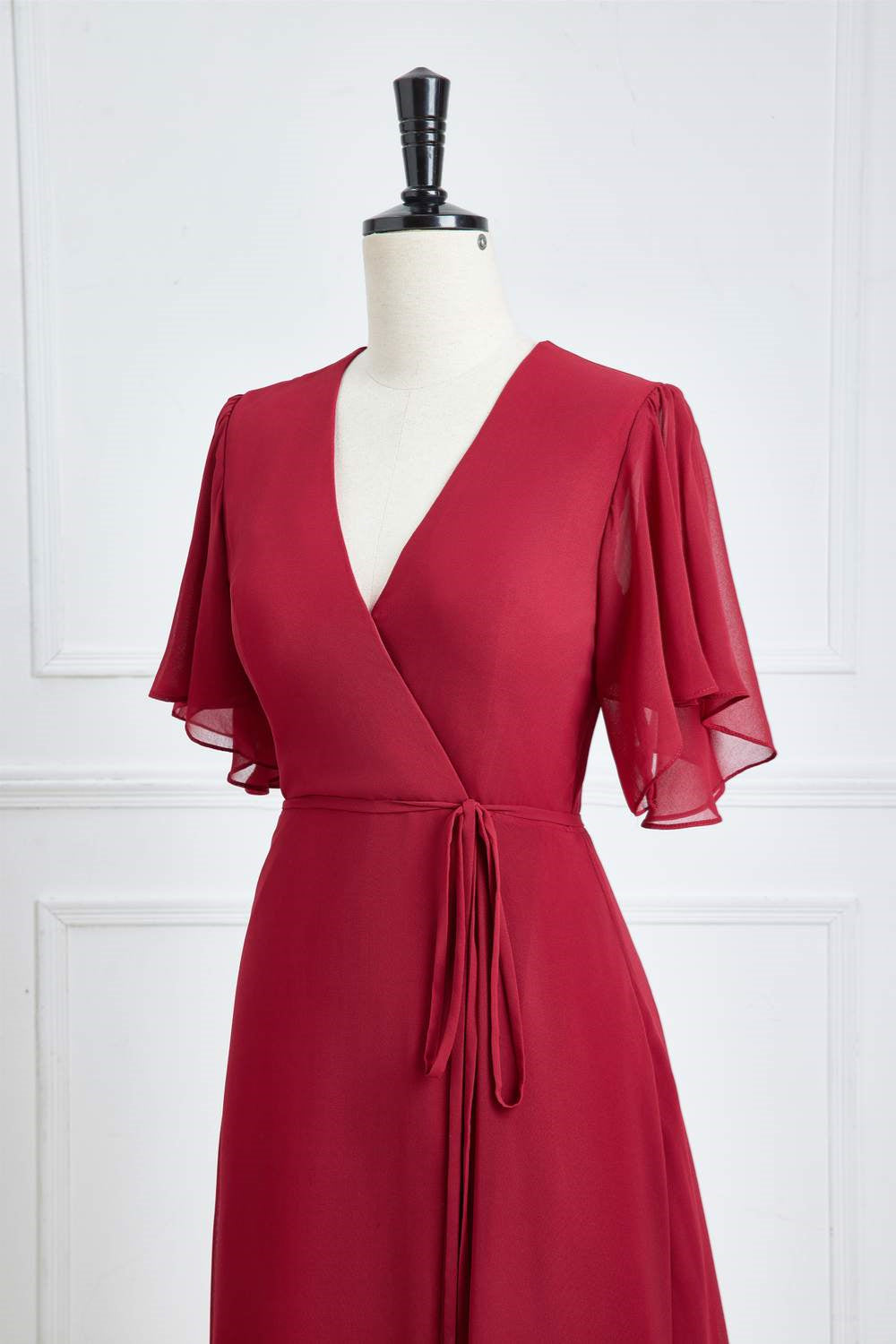 Wine Red Surplice Flaunt Sleeves A-line Long Bridesmaid Dress