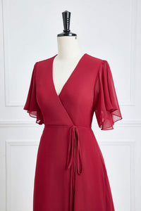Wine Red Surplice Flaunt Sleeves A-line Long Bridesmaid Dress