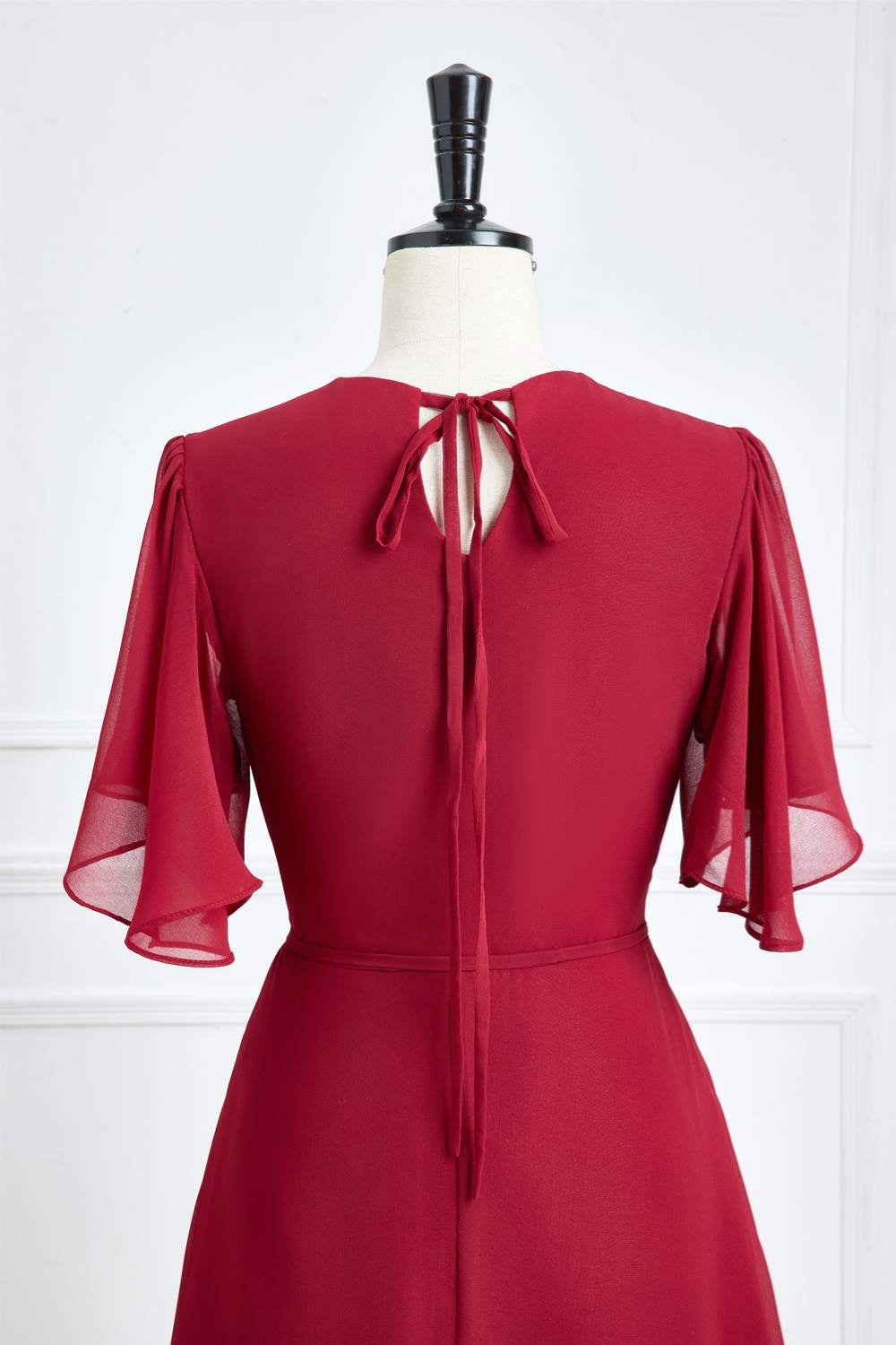 Wine Red Surplice Flaunt Sleeves A-line Long Bridesmaid Dress