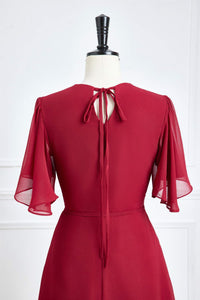 Wine Red Surplice Flaunt Sleeves A-line Long Bridesmaid Dress