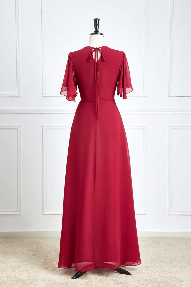 Wine Red Surplice Flaunt Sleeves A-line Long Bridesmaid Dress