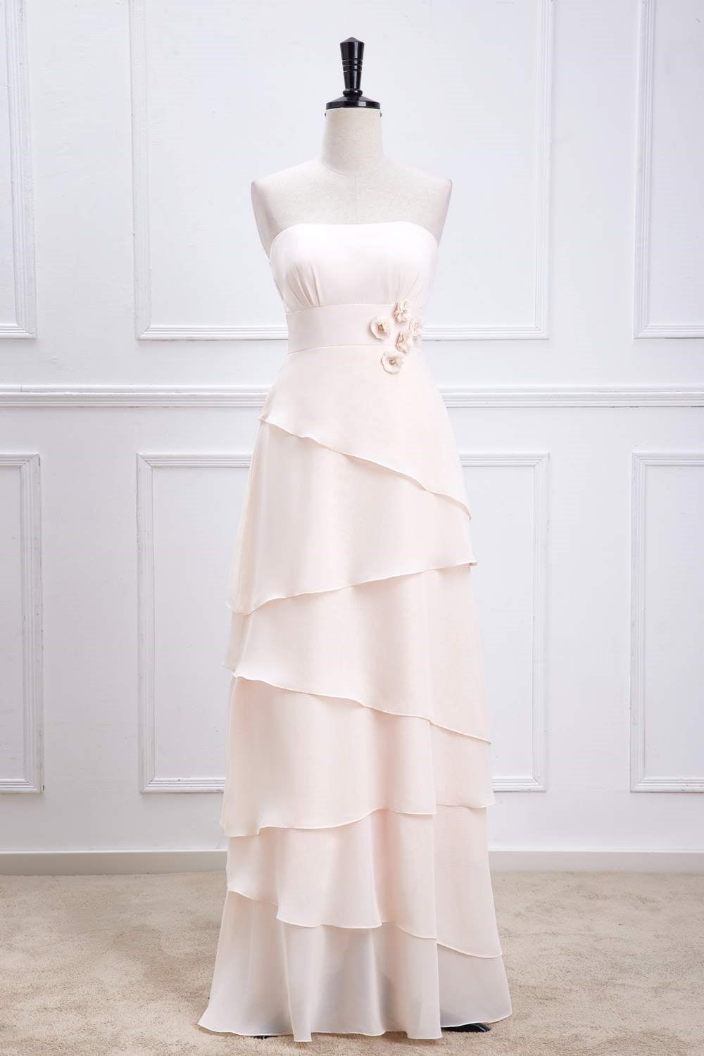 Pink Strapless 3D Flowers Layers A-line Long Bridesmaid Dress