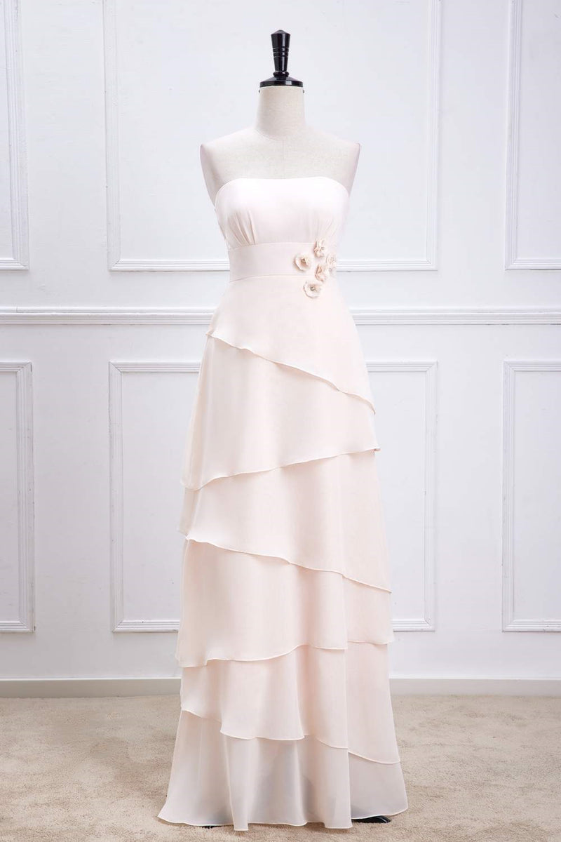 Pink Strapless 3D Flowers Layers A-line Long Bridesmaid Dress