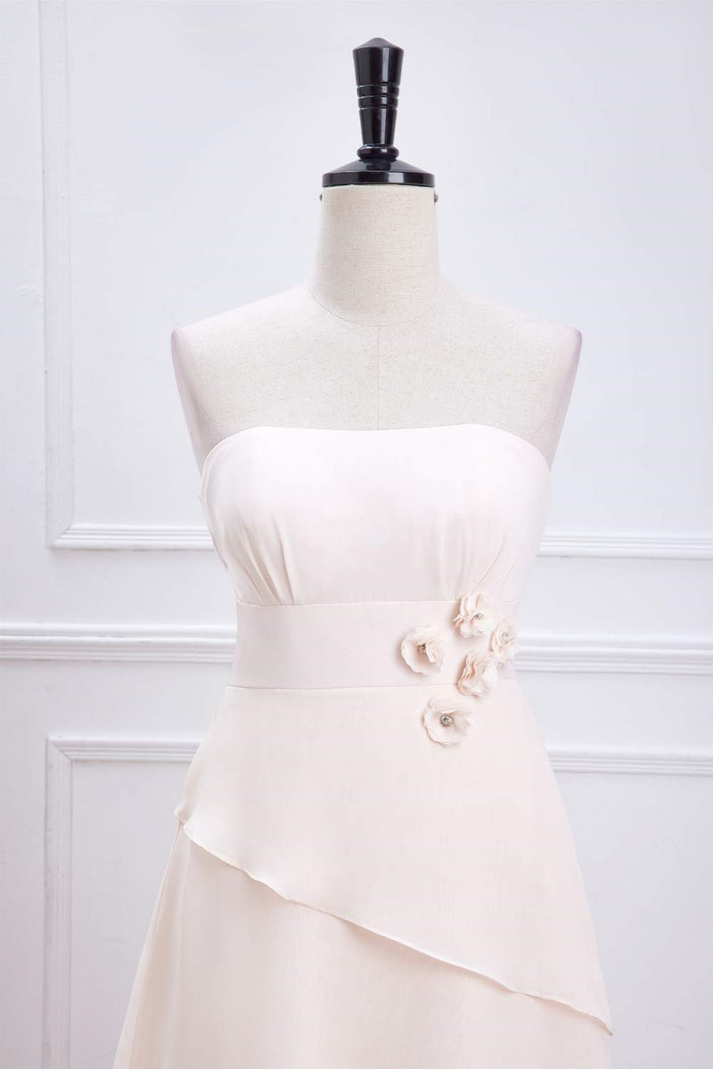 Pink Strapless 3D Flowers Layers A-line Long Bridesmaid Dress