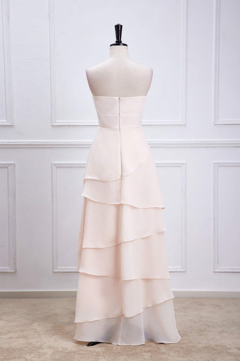 Pink Strapless 3D Flowers Layers A-line Long Bridesmaid Dress