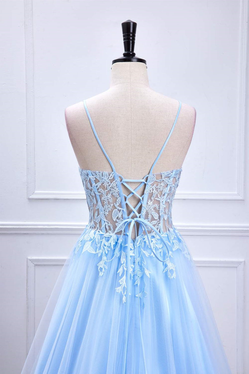 Light Blue Lace-Up Appliques A-line Tulle Long Prom Dress
