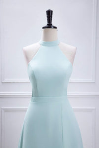 Blue Halter A-line Chiffon Long Bridesmaid Dress with Slit