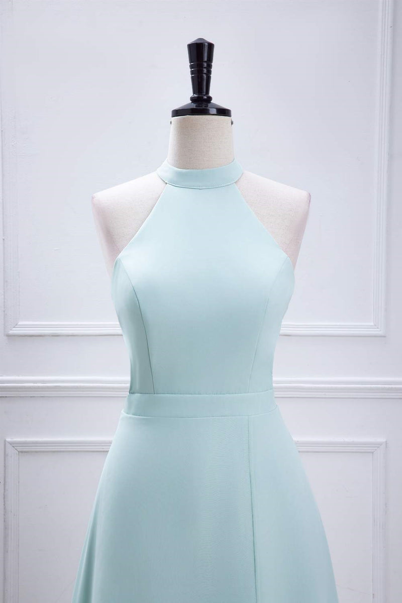 Blue Halter A-line Chiffon Long Bridesmaid Dress with Slit