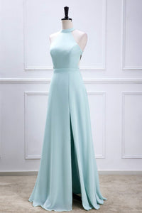 Blue Halter A-line Chiffon Long Bridesmaid Dress with Slit