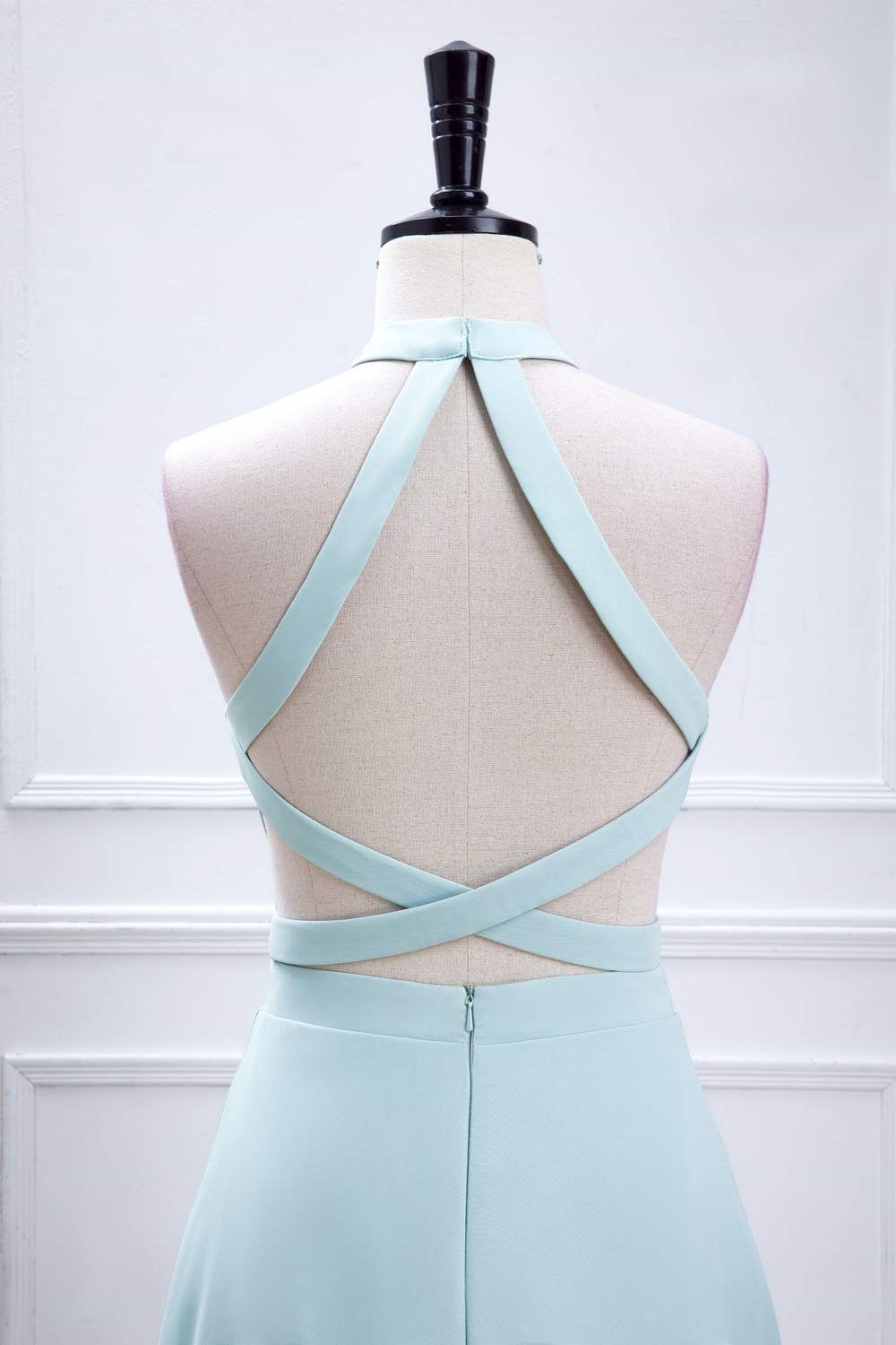 Blue Halter A-line Chiffon Long Bridesmaid Dress with Slit