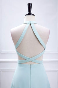 Blue Halter A-line Chiffon Long Bridesmaid Dress with Slit