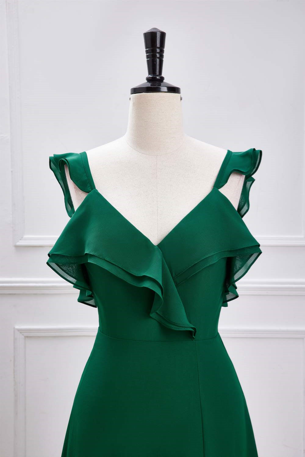 Green Flutter Sleeves Ruffled A-line Long Bridesmaid Dress with Slit