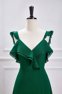 Green Flutter Sleeves Ruffled A-line Long Bridesmaid Dress with Slit