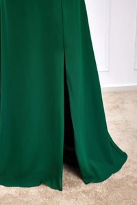 Green Flutter Sleeves Ruffled A-line Long Bridesmaid Dress with Slit