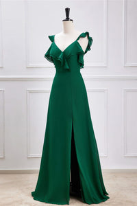 Green Flutter Sleeves Ruffled A-line Long Bridesmaid Dress with Slit