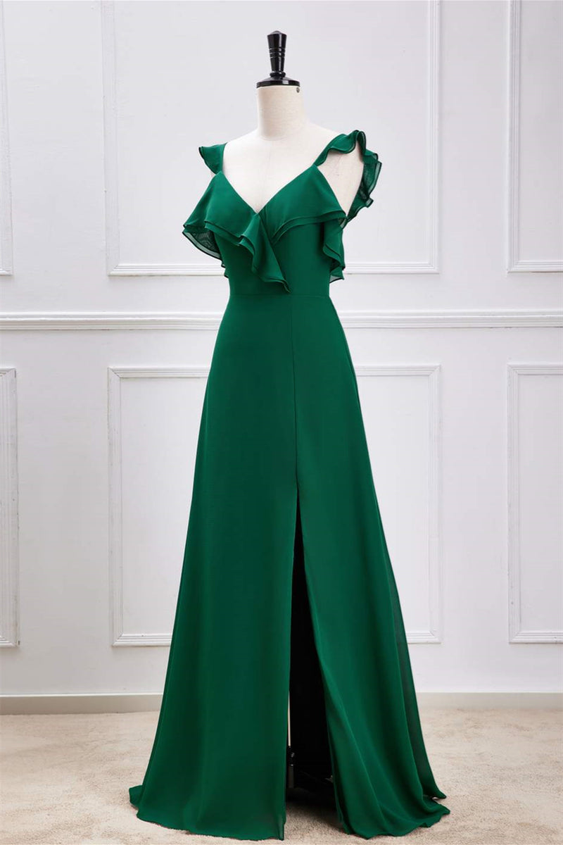 Green Flutter Sleeves Ruffled A-line Long Bridesmaid Dress with Slit