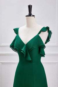 Green Flutter Sleeves Ruffled A-line Long Bridesmaid Dress with Slit