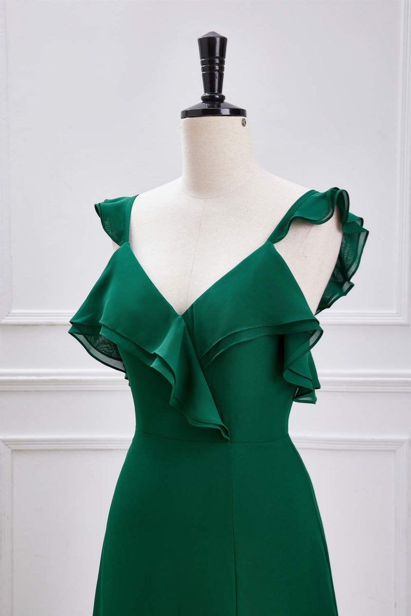 Green Flutter Sleeves Ruffled A-line Long Bridesmaid Dress with Slit