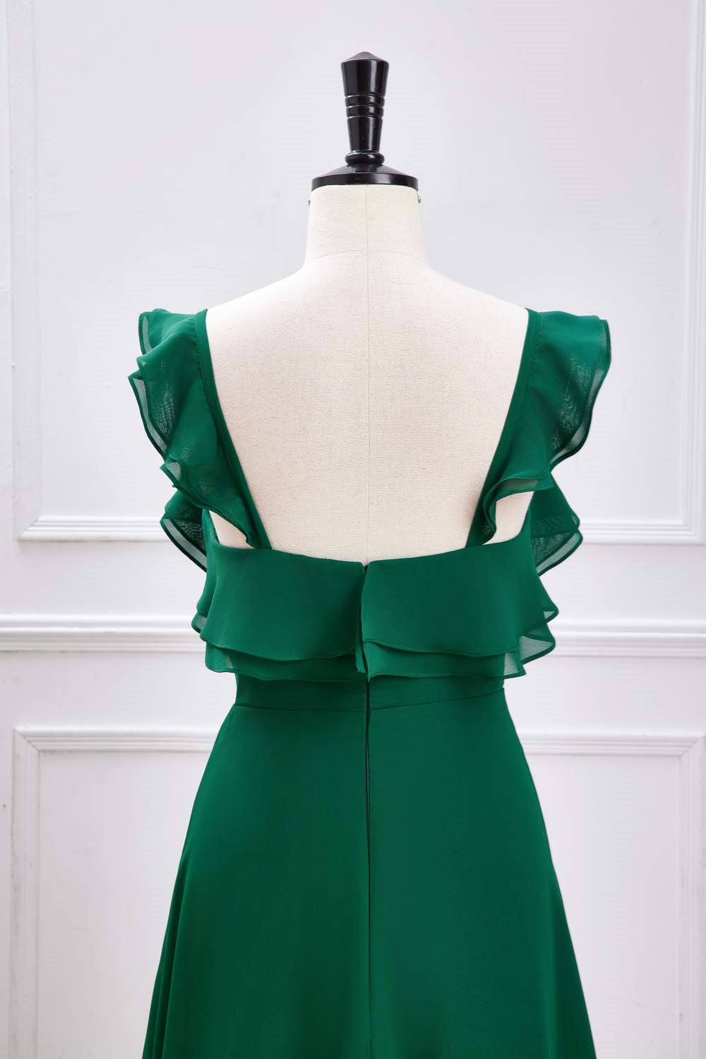 Green Flutter Sleeves Ruffled A-line Long Bridesmaid Dress with Slit
