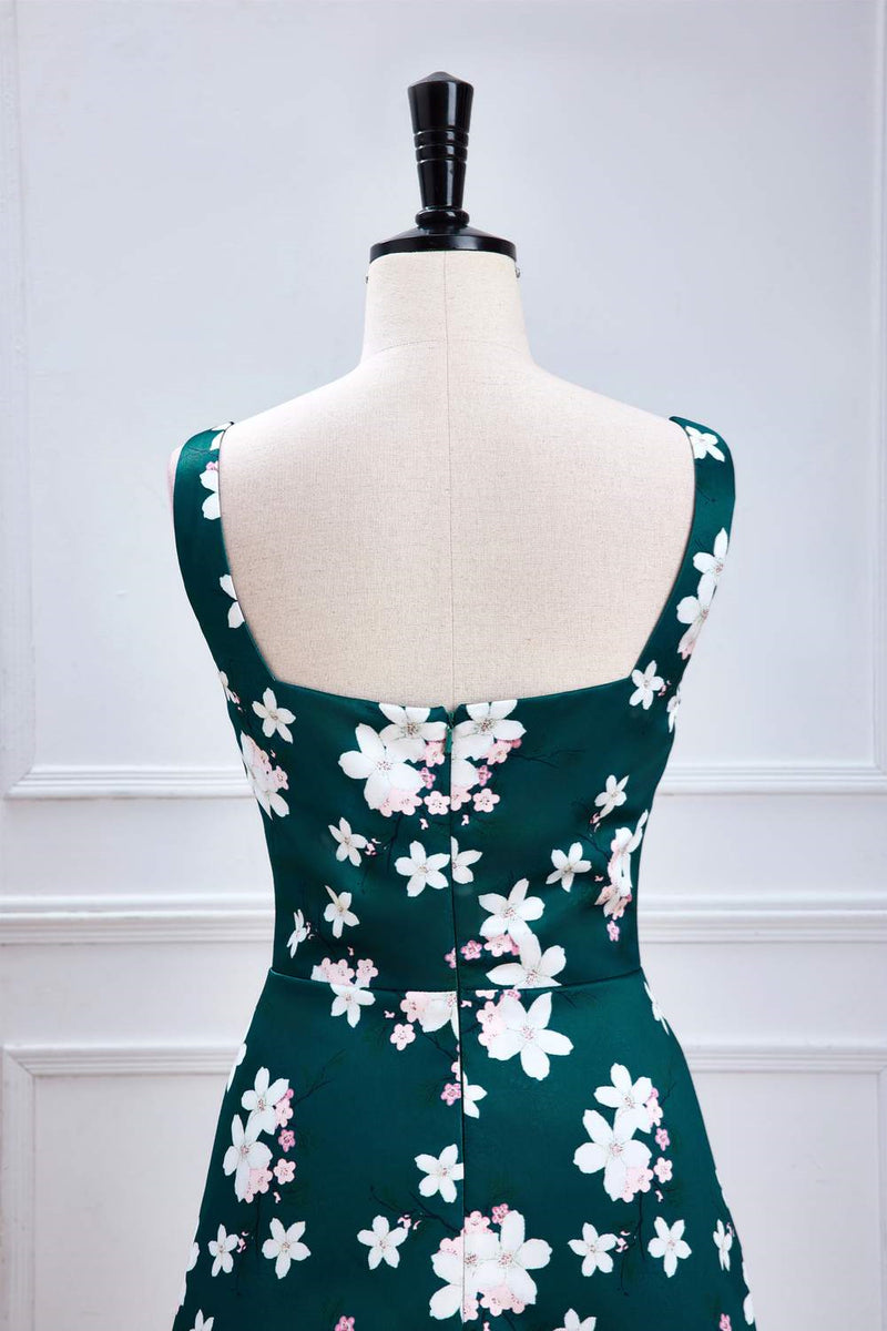 Green Floral A-line Satin Long Bridesmaid Dress with Slit