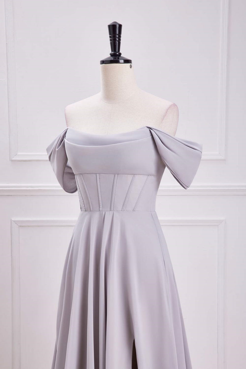 Grey Off-Shoulder A-line Long Bridesmaid Dress with Slit