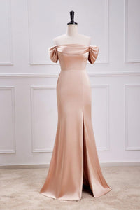 Champagne Off-Shoulder Mermaid Satin Long Bridesmaid Dress with Slit