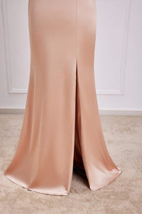 Champagne Off-Shoulder Mermaid Satin Long Bridesmaid Dress with Slit