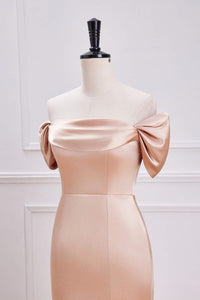 Champagne Off-Shoulder Mermaid Satin Long Bridesmaid Dress with Slit