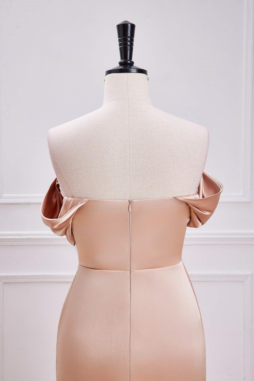 Champagne Off-Shoulder Mermaid Satin Long Bridesmaid Dress with Slit