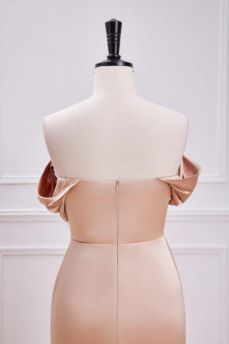 Champagne Off-Shoulder Mermaid Satin Long Bridesmaid Dress with Slit