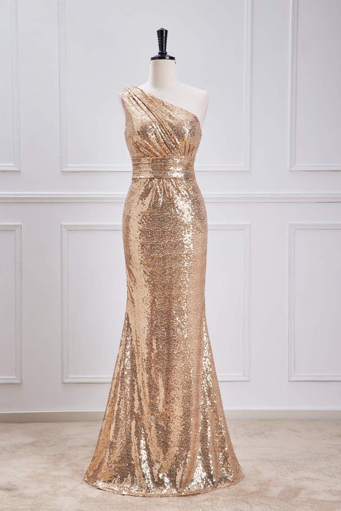 Gold One-Shoulder Sequins Mermaid Long Bridesmaid Dress